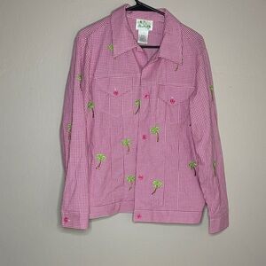 The Quaker Factory Vintage Gingam Palm trees Button Down Top size small